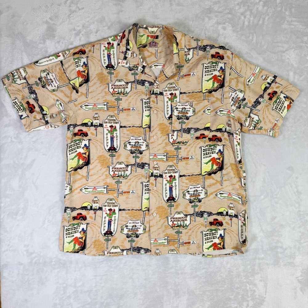 Barn Fly Button Down Shirt Mens XL** Tan Western Route 66 Pinup Short Sleeve